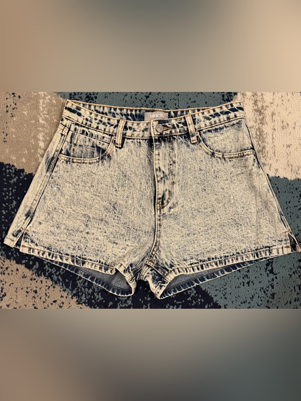 Blue B Crystal Mini Stud Rhinestone Washed Denim Shorts Side Slit L